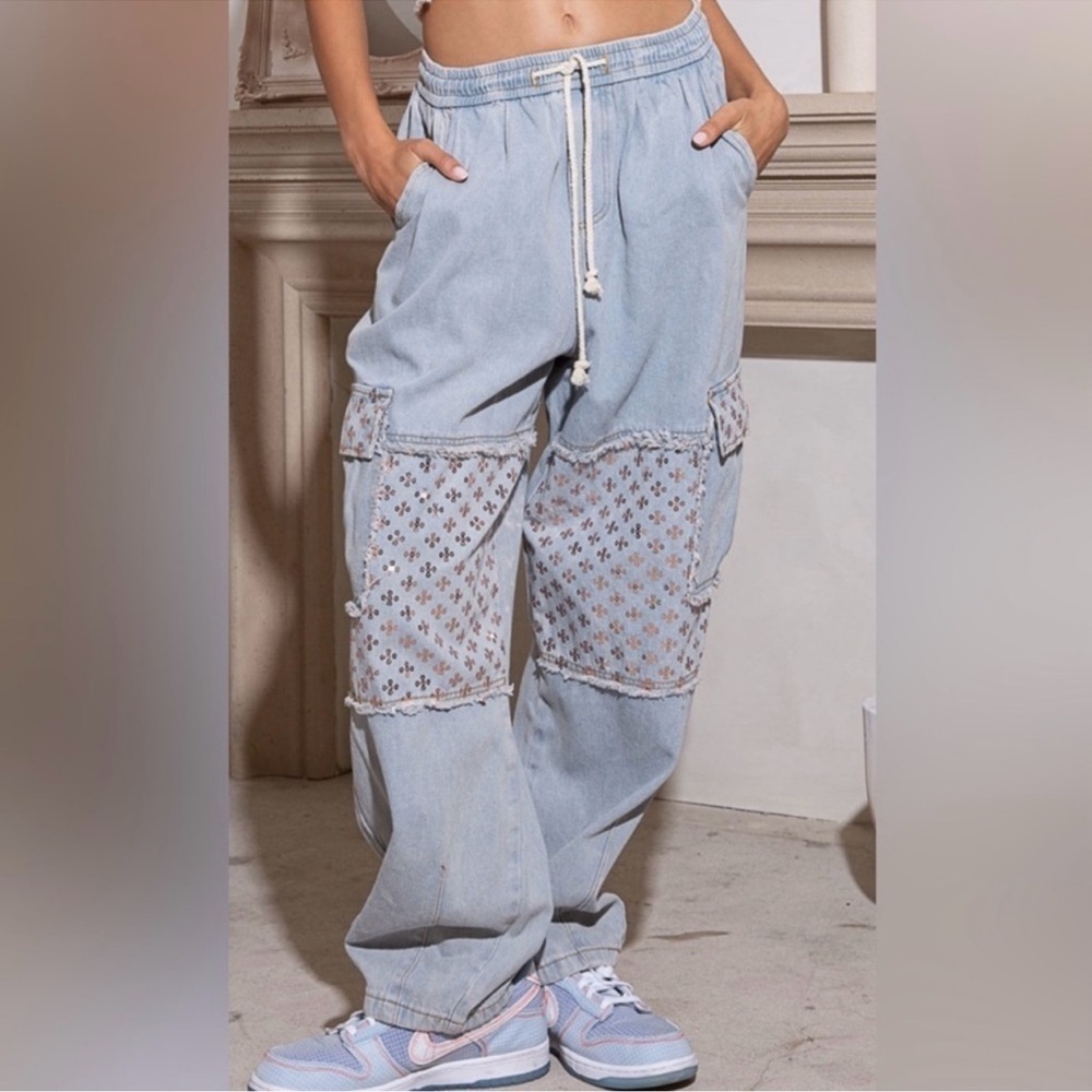 POL Adorable Baggy Denim Jeans Draw-string Slouchy Pants Sequins NEW - Picture 3 of 6